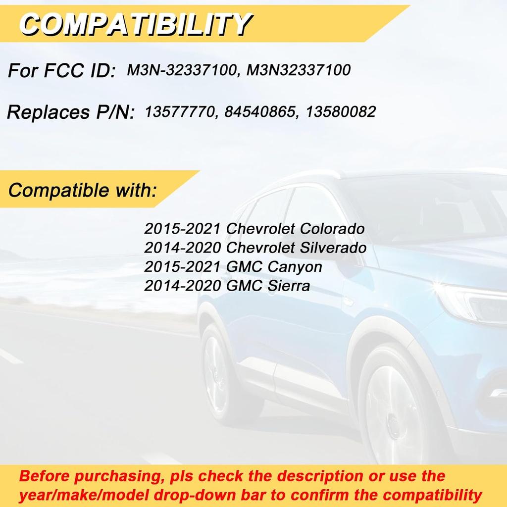 Key Fob Replacement For 2014- Chevy Silverado 1500 2500 3500/15-21 Colorado/ 2015- GMC Canyon/ 14-20 Sierra Car Keyless Entry Remote Control,