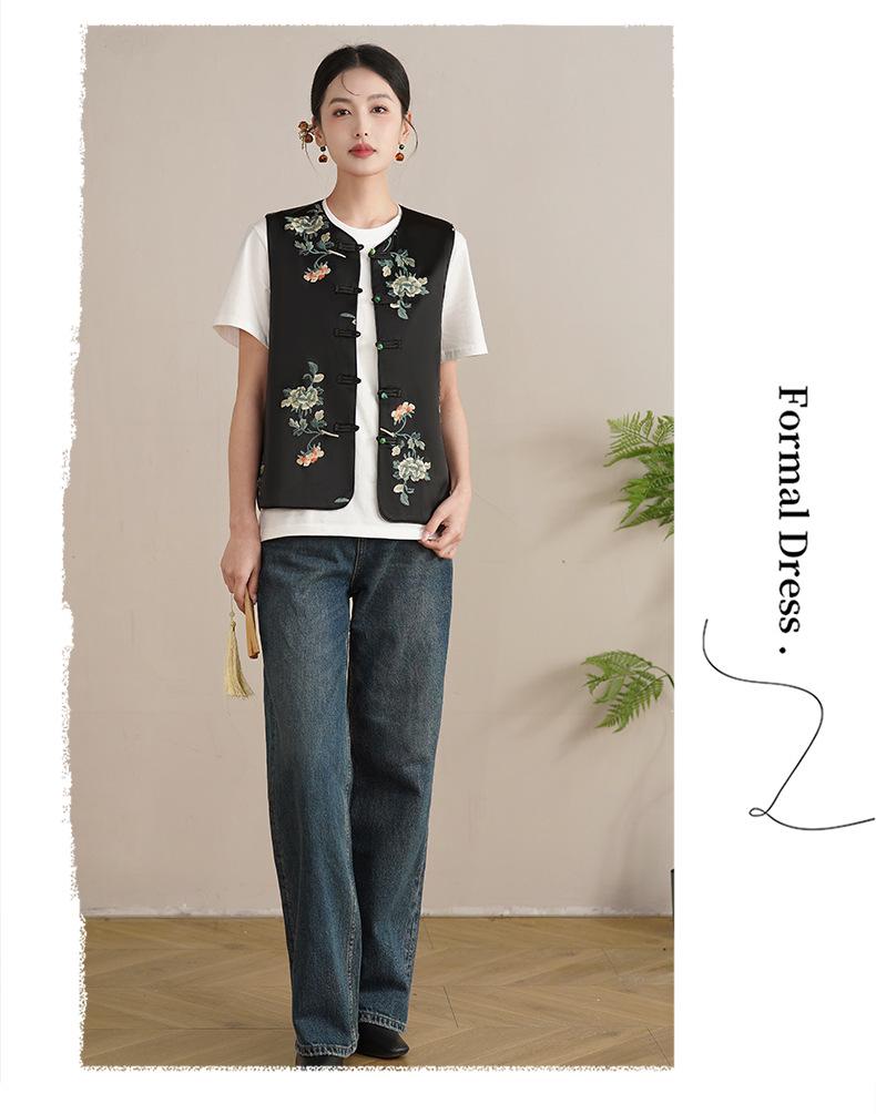 Spring Retro Chinese-Style Hanfu Vest: Women's Satin Embroidered Cardigan with Frog Buttons