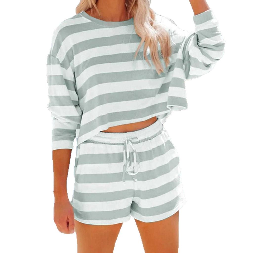 European Style Women's Striped Round Neck Long Sleeve Top and Casual Shorts 2-Piece Set (2025)