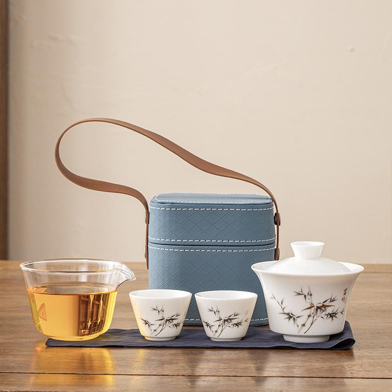 White Porcelain Blue And White Cover Bowl Outdoor Travel Kung Fu Tea Set Ceramic Cover Bowl Express Cup One Pot Two Cups Portable Bag