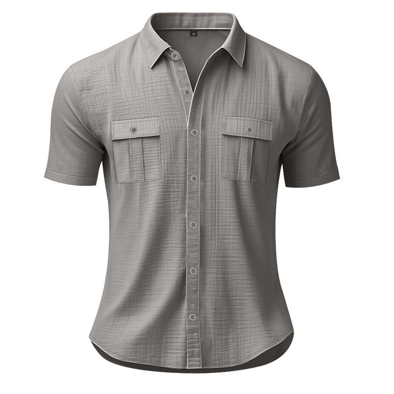 Summer men's linen shirt solid color pocket loose lapel casual cardigan short-sleeved t-shirt