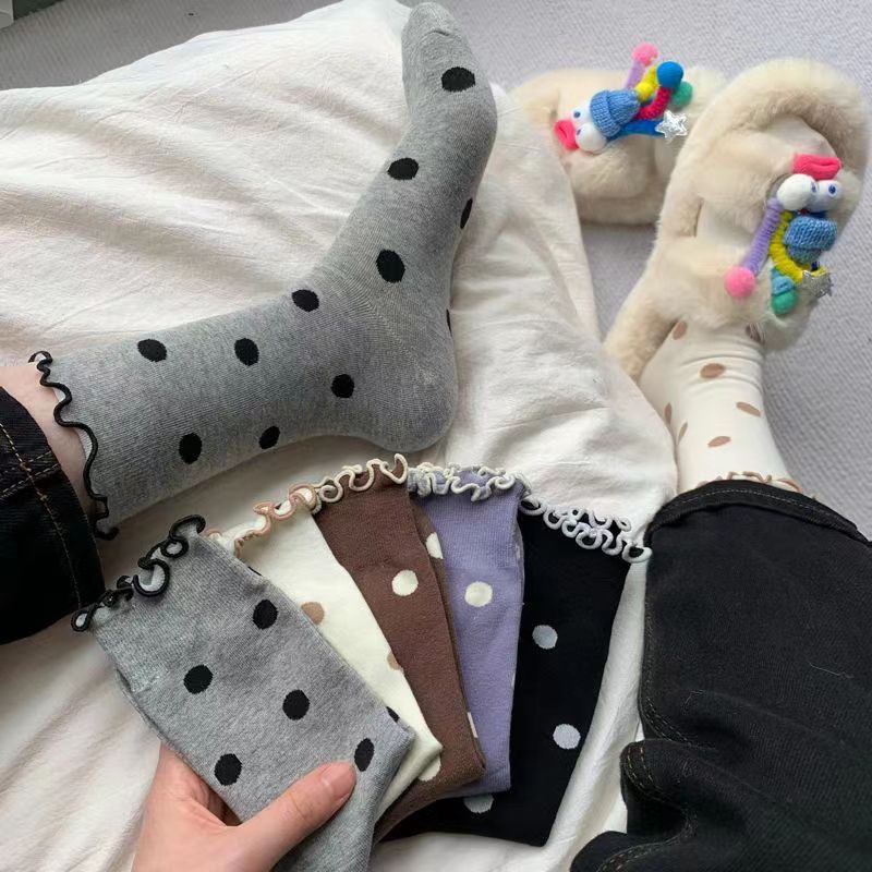 Fashion Versatile Dot Mid-Tube Socks, Simple Retro Fungus Edge Polka Dot College Style Stacking Socks