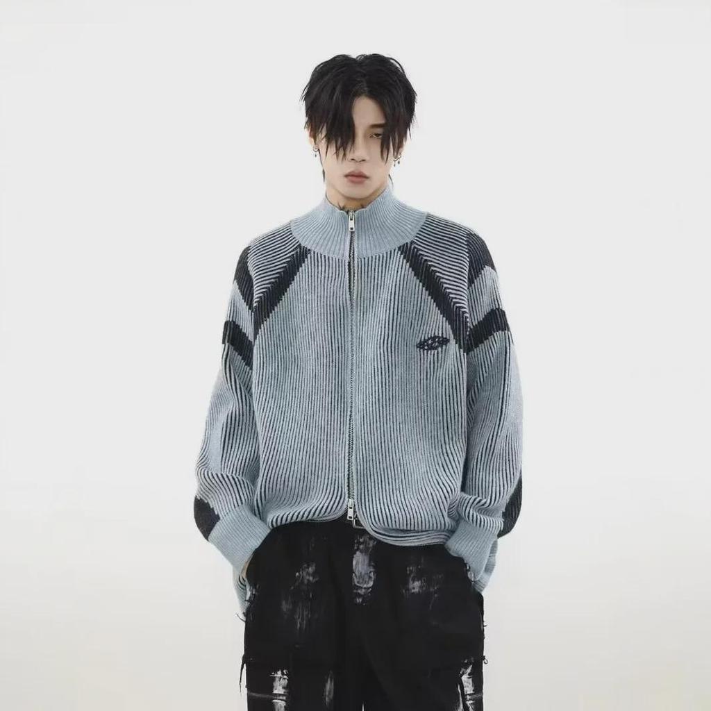 Unisex Retro Striped Turtleneck Sweater Cardigan for Autumn & Winter