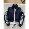 Unisex Dark Blue Three-Stripe Stand Collar Hoodie Jacket for Autumn/Spring