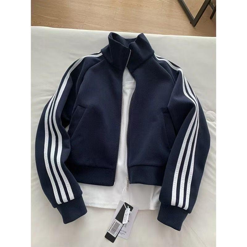 Unisex Dark Blue Three-Stripe Stand Collar Hoodie Jacket for Autumn/Spring