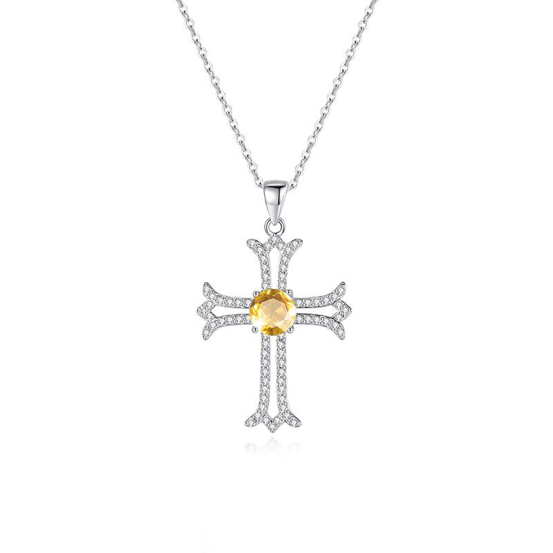 Gothic Cross Necklace European Style S925 Silver Inlaid Peridot Full Diamond Clavicle Chain