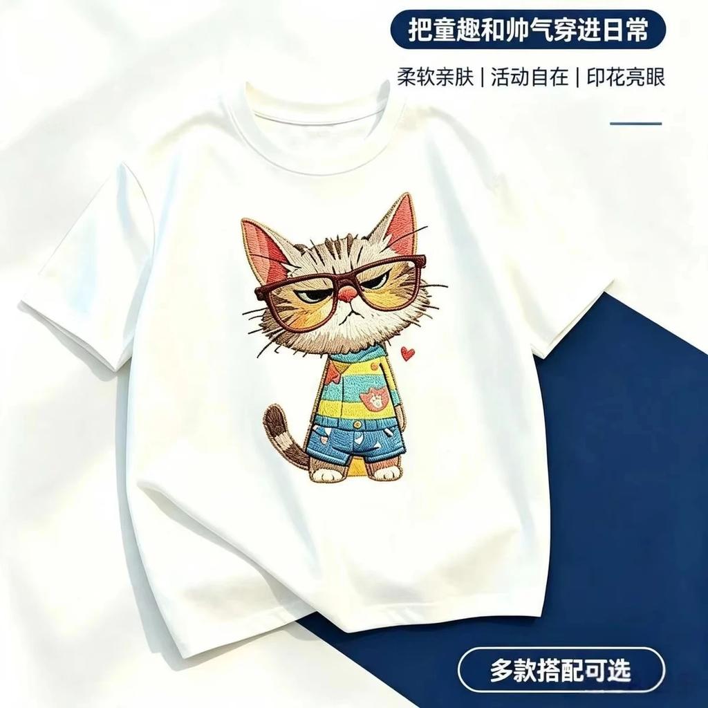 Cartoon Grumpy Cat With Glasses Graphic T Shirt Kids O-Neck Short Sleeve Tee Summer Casual Streetwear Fashion Top For Cat Lovers