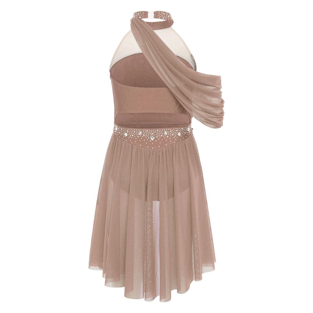 Girls Performance Dress Lyrical Costume Halter Backless Cutout Back Rhinestone Detail Ruched Mesh Draped Skirt