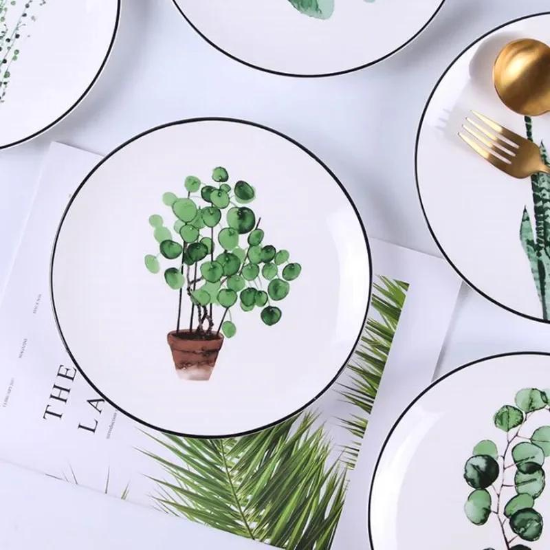 8 Inch Green Plants Ceramic Plates Dinner Porcelain Dessert Plate Beef Dish Fruit Plate Cake Tray Food Ceramic Tableware 1pc