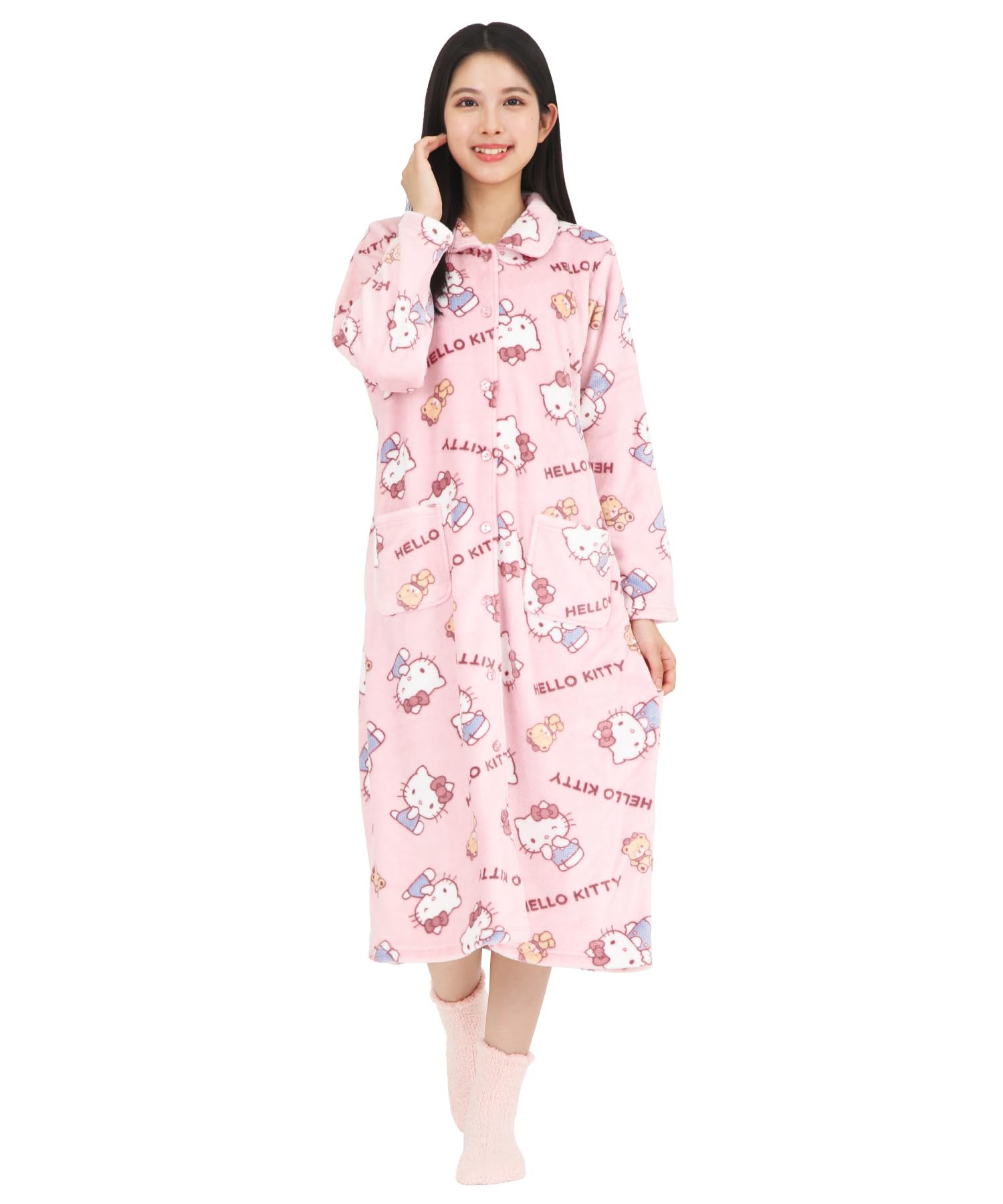 

Hello Kitty Nightgown Flannel Loungewear [SAZAC] One-piece Women s Button-down (Pink/M-L/SAN1867) рожевий