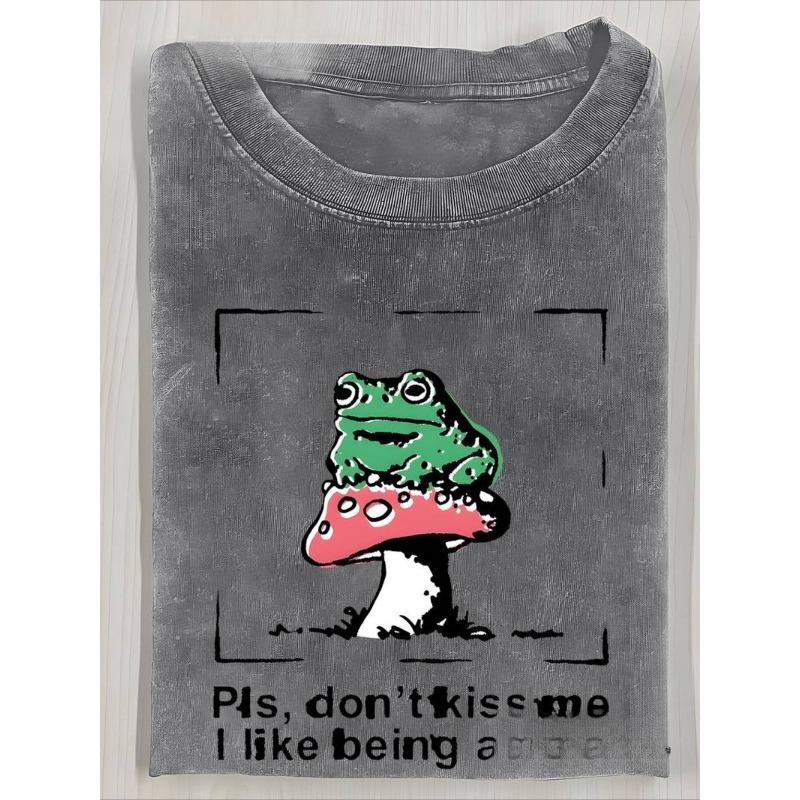 European Size Men'S Washed Short Sleeve T-Shirt | Frog & Mushroom Funny Text Print, Vintage Distressed Trendy Top, High-Quality Fashion Soft Comfort