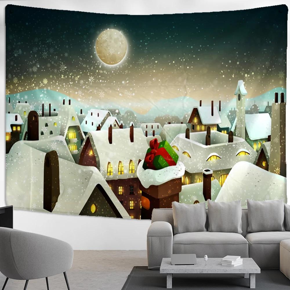 Snow Covered House Tapestry Wall Hanging Christmas Festival Natural Landscape Art Background Cloth Home Decor