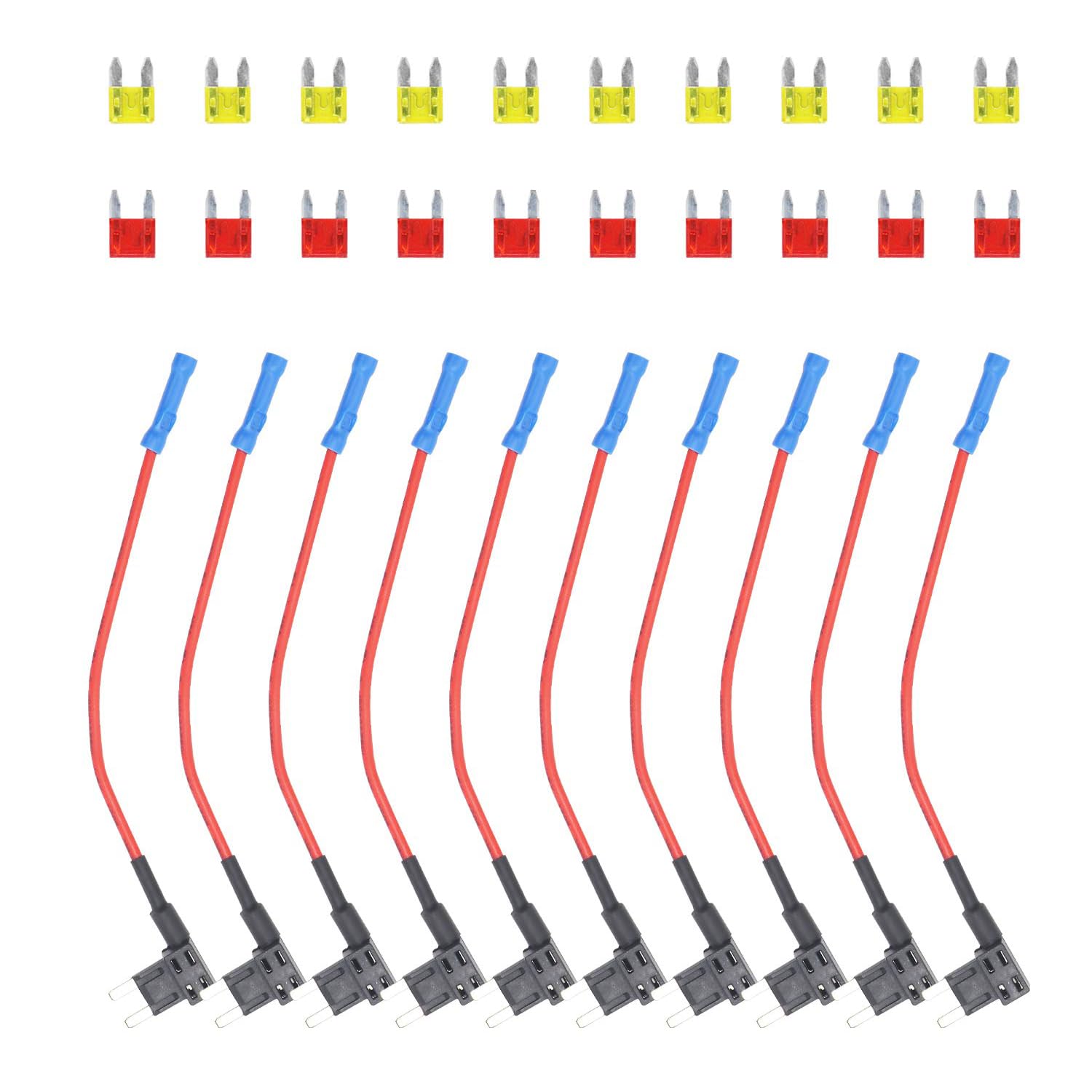 FT2-10 10 Pack 12V Car Add-a-Circuit Fuse Tap Adapter Mini ATS Blade Automotive Fuse Holder with 10pcs 10A, 20A Fuses