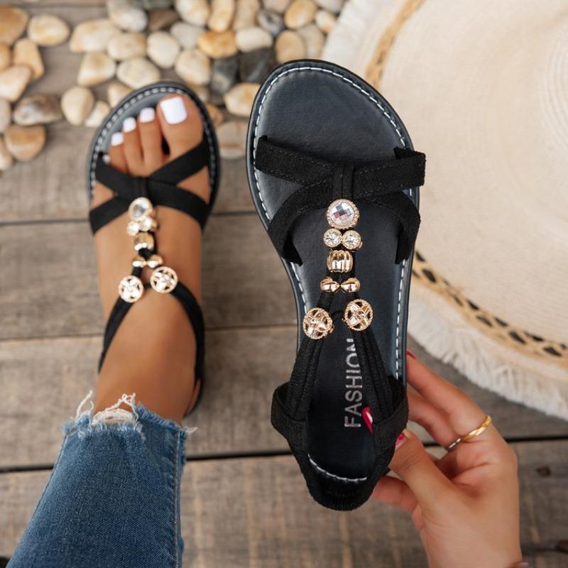 Fashion Pearl Flower Decor Bohemian Sandals Women Lightweight Flat Heels Casual Sandals Woman 2025 Summer Comfort Non Slip Beach Shoes
