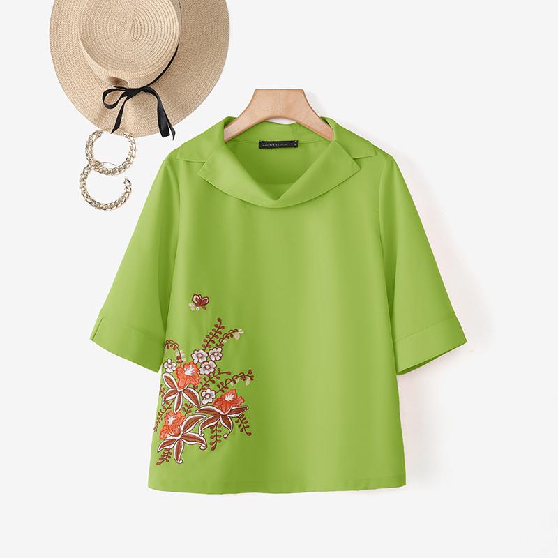 

ZANZEA Женская повседневная блузка свободного кроя с воротником-стойкой, с цветочной вышивкой, с рукавами до локтя, на лето 5XL зелёный