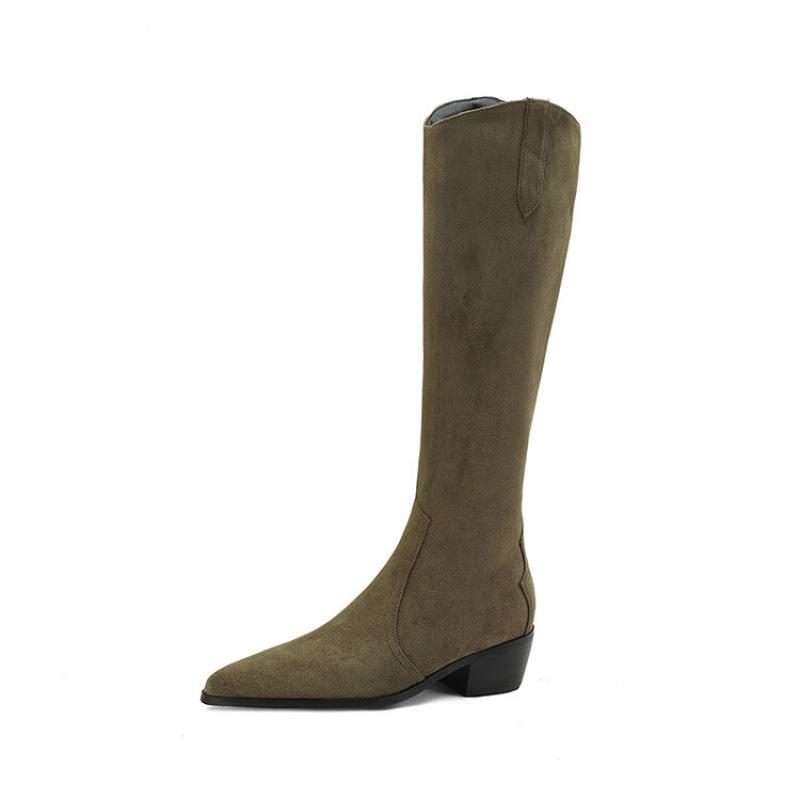 Autumn and winter women's suede fashion boots, black pointed zipper high-heeled boots, new square-heeled leather boots, Korean version of high boots
