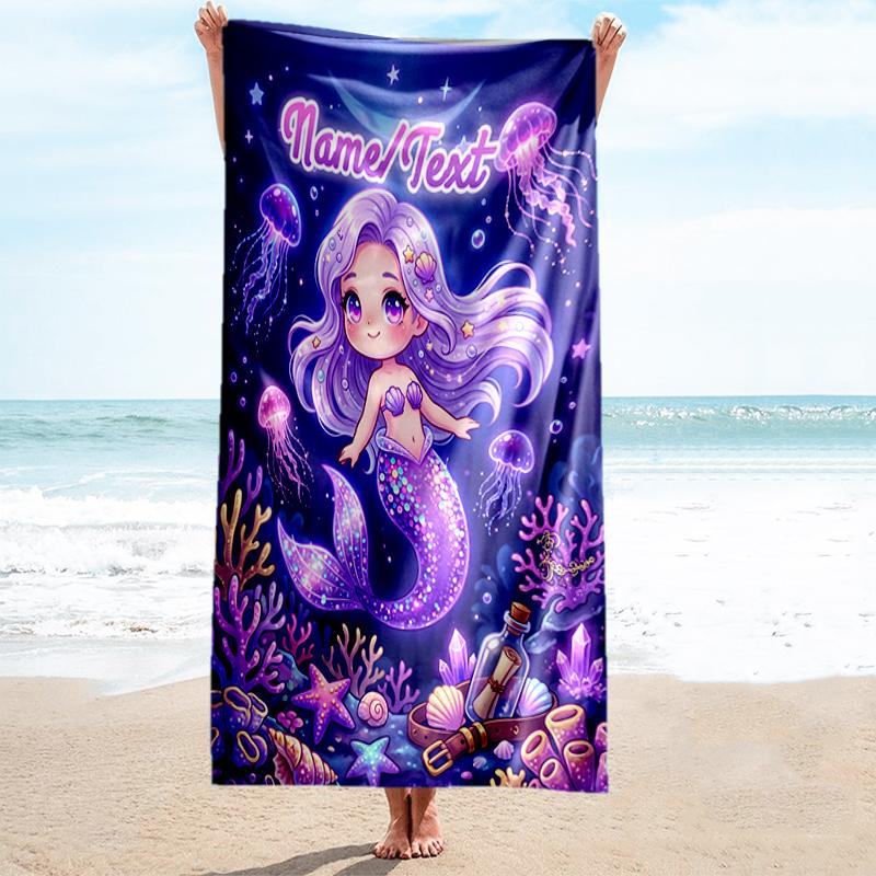 1PC Custom Name Mermaid Fantasy Underwater Scene Beach Towel Highly Absorbent And Sand-Resistant Towel for Swimming, Pool, Yoga, And Travel Lightweigh