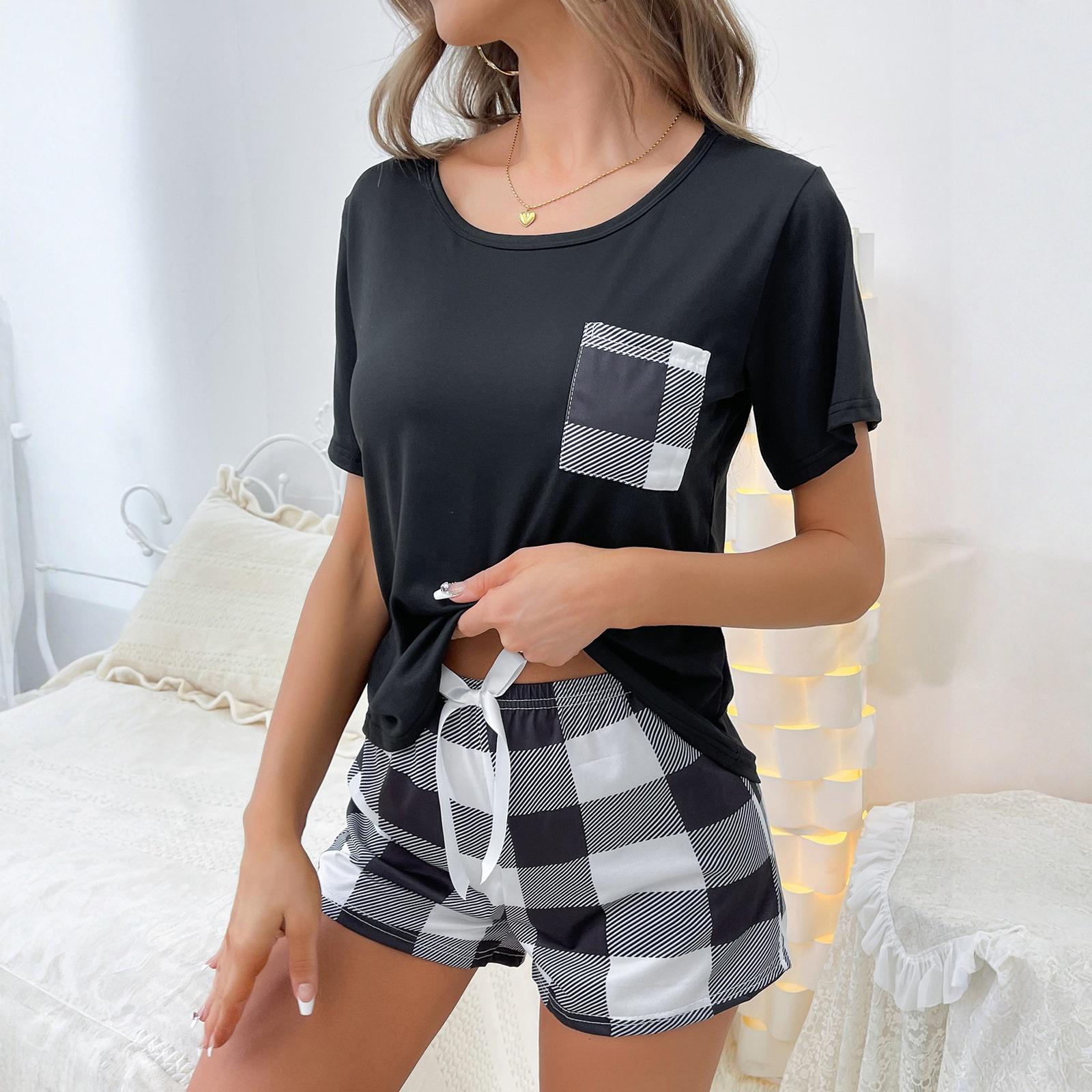 

Women s Sleepwear French Two-piece Home Suit With A Short Sleeved Shirt And Checkered Pockets, Checkered Shorts Set S белый