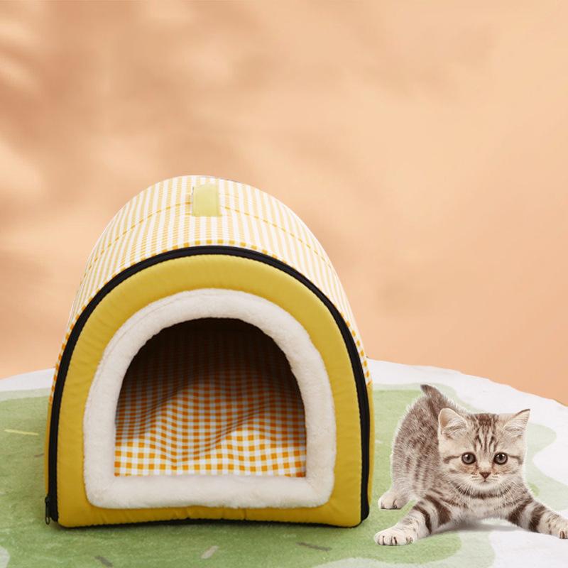 Casa de câine semi-închisă, detașabilă, lavabilă, pentru pisici, cuib îngroșat, cu dublă utilizare, cuib portabil cu mâner, casă pentru pisici, catelus, cald