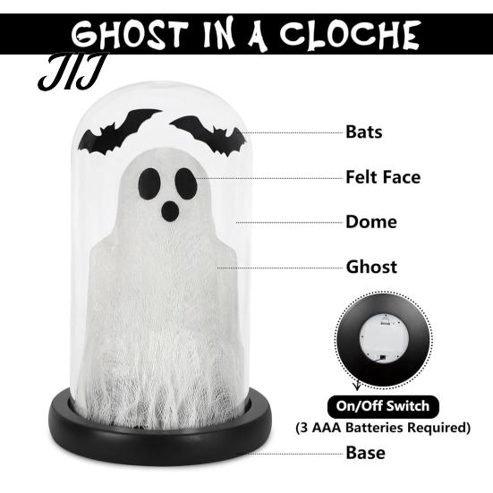 Tabletop Halloween Decor Light Up Ghost in Dome Cloche, Cute Night Desktop Centerpiece for with Bats Home Kitchen Mantel Holiday Party Wireless