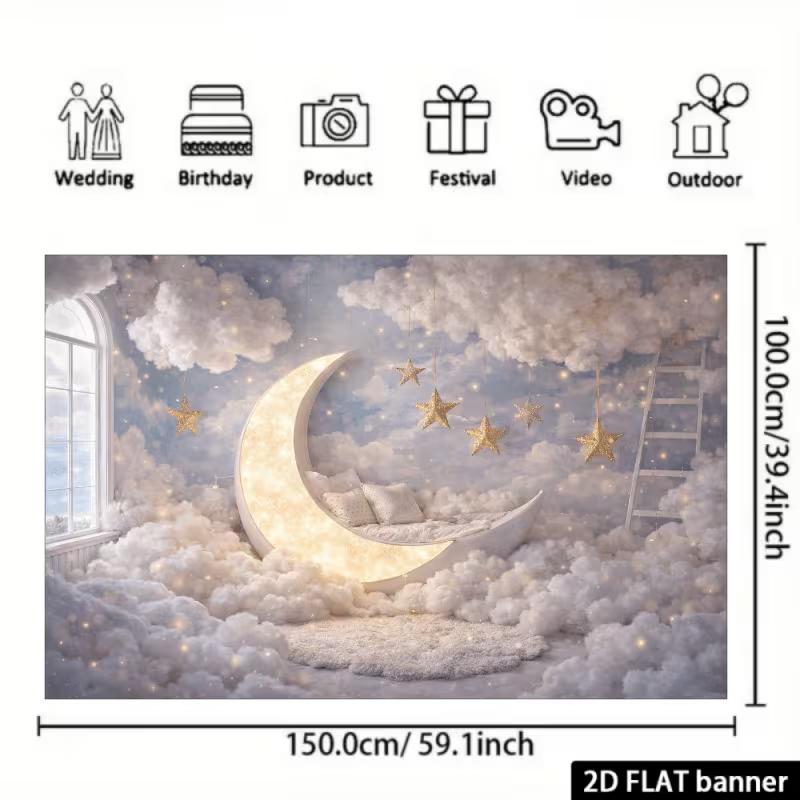 2D Whimsical Starry Moon Backdrop Newborn Party Photography Background