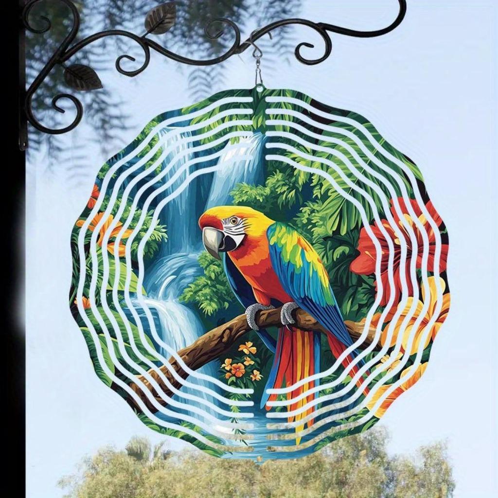 2D Tropischer Regenwald & Papagei Windspiel – Lebendige Metallgartenkunst, Wirbelnde Außendekoration mit rotierendem Klangspiel für den Garten