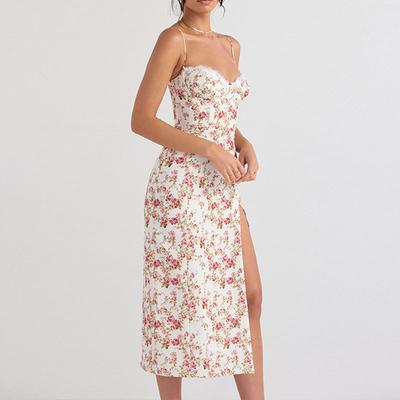 Spring Women's Clothing New Fashion Small Floral Print Slit Suspender Dress for Women