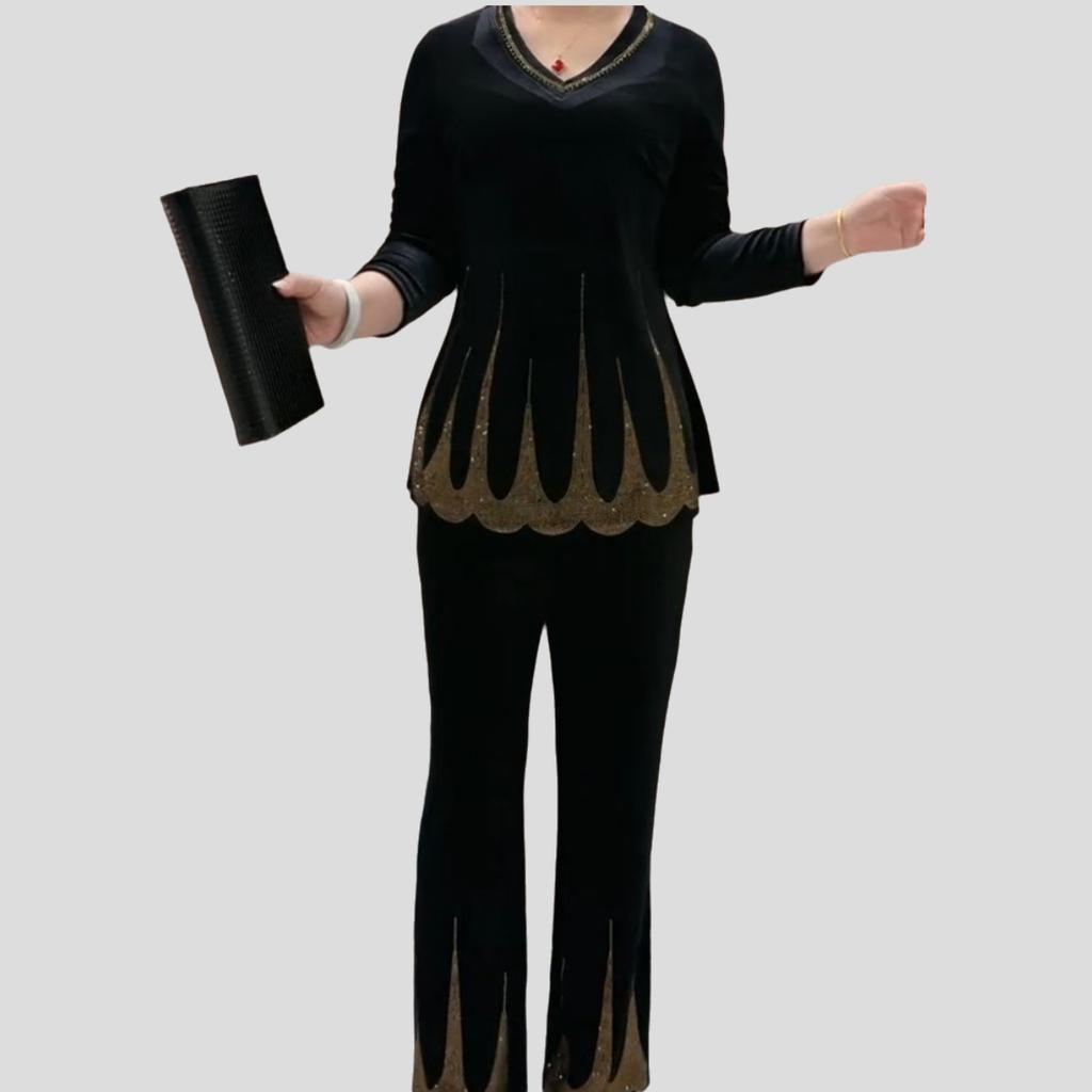 2pcs Pants Suit Spring Women's  Plus-size Velvet Blouse Rhinestone Elastic Waistband High-waist Velvet Pants Two-piece Set