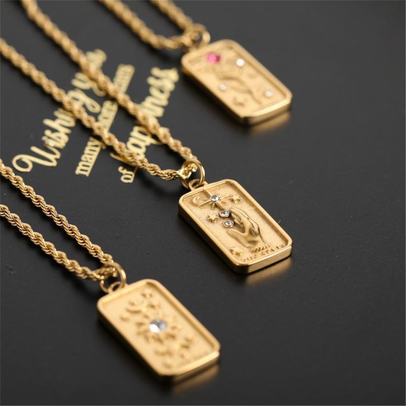 Colier cu Pandantiv Carte Tarot din Oțel Inoxidabil, Cristal Embosat, Floare de Soare, Divinație, Lanț Personalizat pentru Claviculă