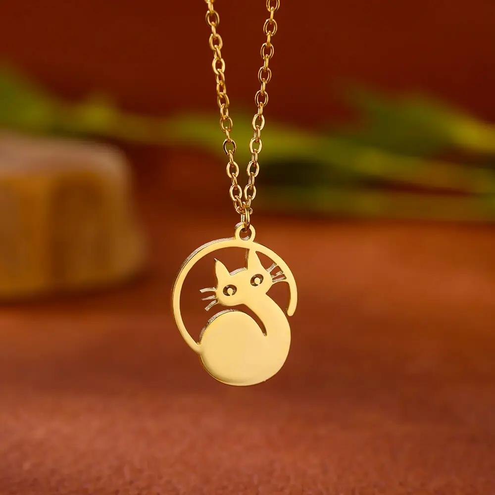 Stainless Steel Initial Letter Cat Pendant Necklace for Women Gold Color Animal Alphabet Necklaces Charm Fashion Jewelry Gifts