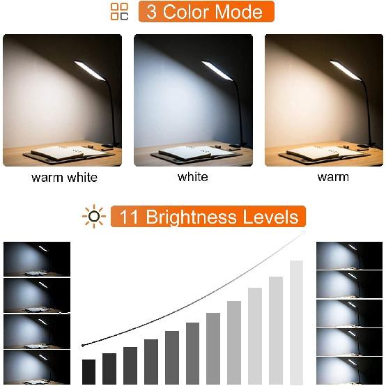 Vansuny Clip On Light LED Desk Lamp with Eye-Caring LED Light and Metal Clip, 11 Level Brightness 3 Color Modes, Power by USB Port 5W Flexible