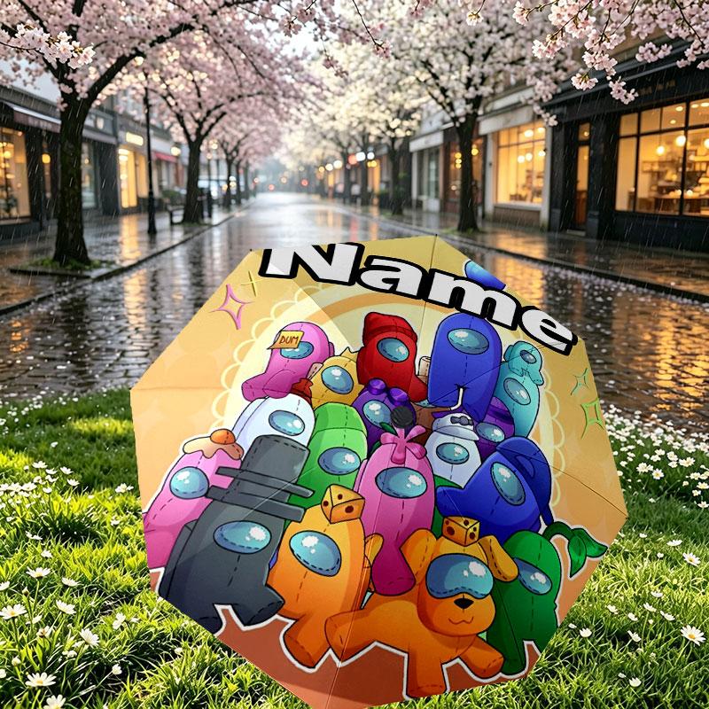 Custom Name Personalized Among Us Print Umbrella, Auto Open Close, 8‑Rib Sturdy Frame, Commute Camping Hiking Use, Birthday Gift