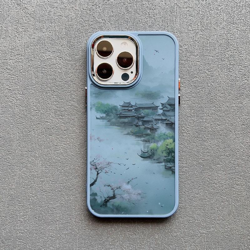 Mountains and Streams Pavilion Ink Brush Painting Phone Case for iPhone 12 13 14 11 Pro Max X XR XS 14 7 8 Plus SE Silicon Cover