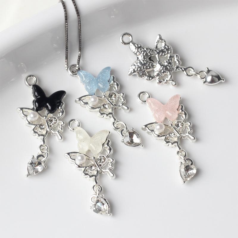 5Pcs Simple Alloy Zircon Resin Pearl Inlaid With Butterfly Pendant Diy Bracelets Necklaces Jewelry Accessories