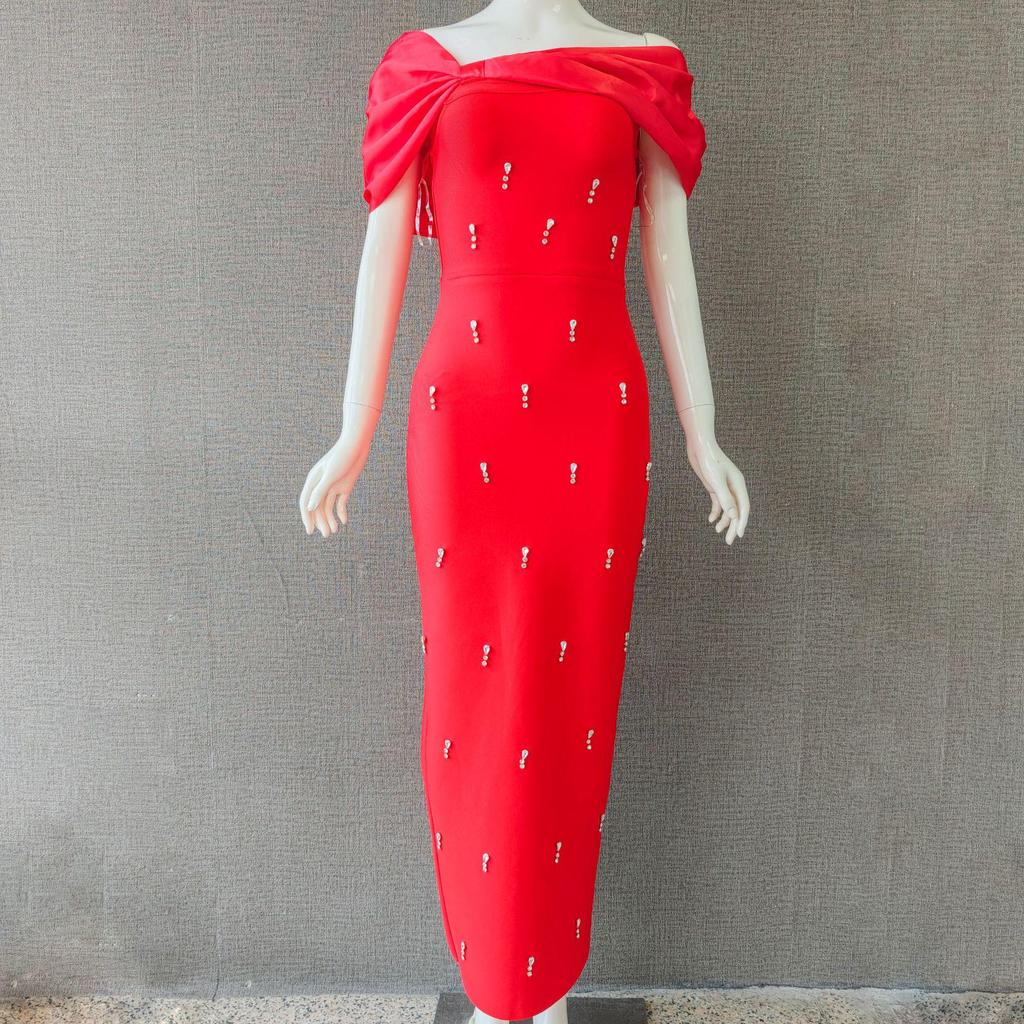 European & American Off-Shoulder Luxury Studded Bandage Evening Dress