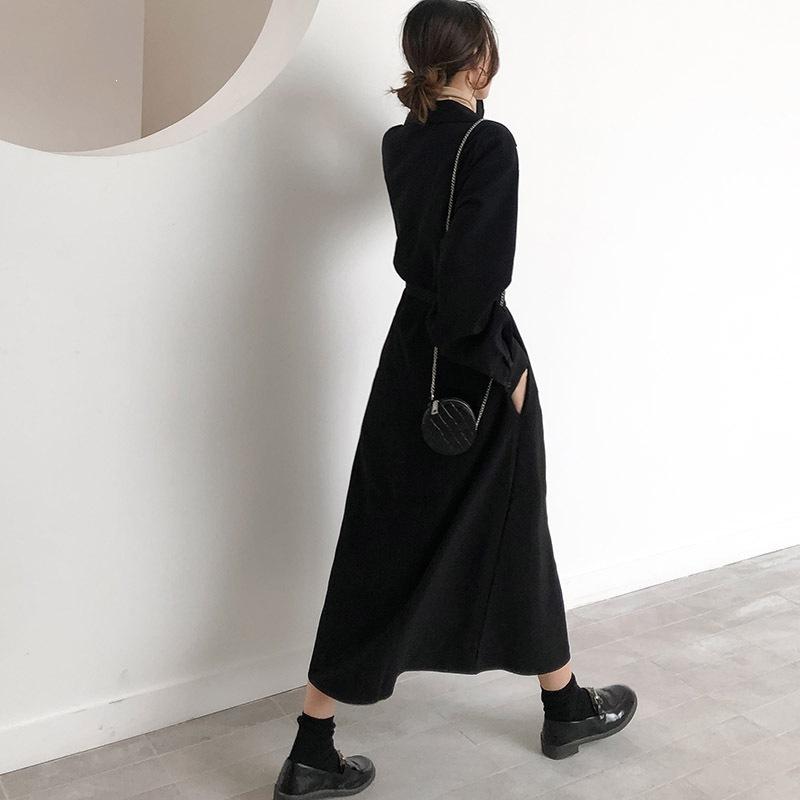 Hepburn style wears autumn and winter black new waist and thin long dress women's classic versatile shirt collar dress