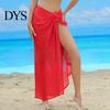 Summer Beach Skirt Women Lace-up Solid Color See-through Thin Flowy Quick-Drying Sun Protection Bikini Cover Up Elastic Waist