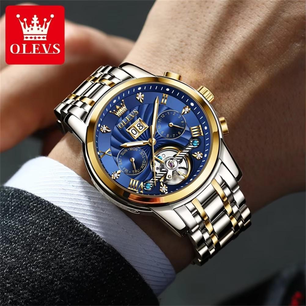 OLEVS Luxury Gold Tourbillon Mechanical Watch for Men Stainless Steel Waterproof Luminous Date Business Mens Watches