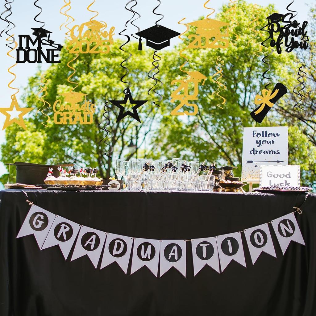 20Pcs Gold Black Graduation Hanging Swirl Decor, Class of 2025 Hanging Decorations, I’m Done, Congrats Grad, 2025 Happy Graduation Party