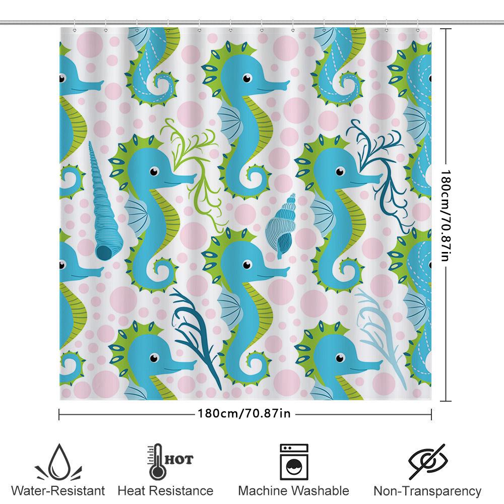 Blue Green Seahorse Pattern Shower Curtain Waterproof Fabric Bathroom Decor Set For Home Decoration Size: 72X84 Inches (183Cm X