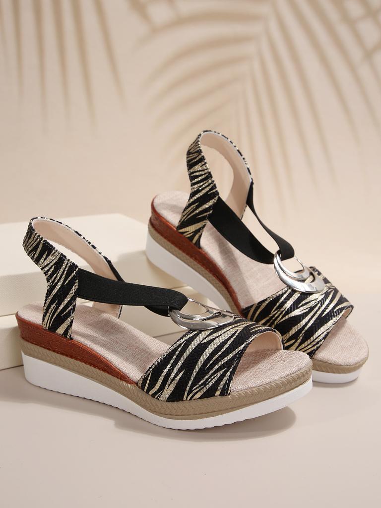 Summer New Slope Heel Sandals Foreign Trade Large Size Fish Mouth Sandals Metal Buckle Hemp Rope Bottom Spot Beach Sandals