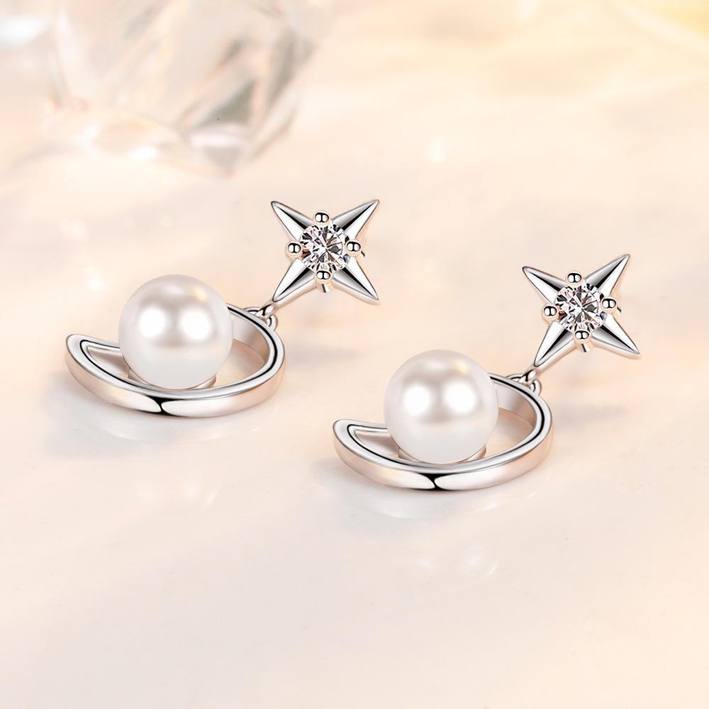 Autumn and Winter Pearl Stud Earrings Women's Silver Plated Personality Hipster Creative Star and Moon Ear Studs Earrings
