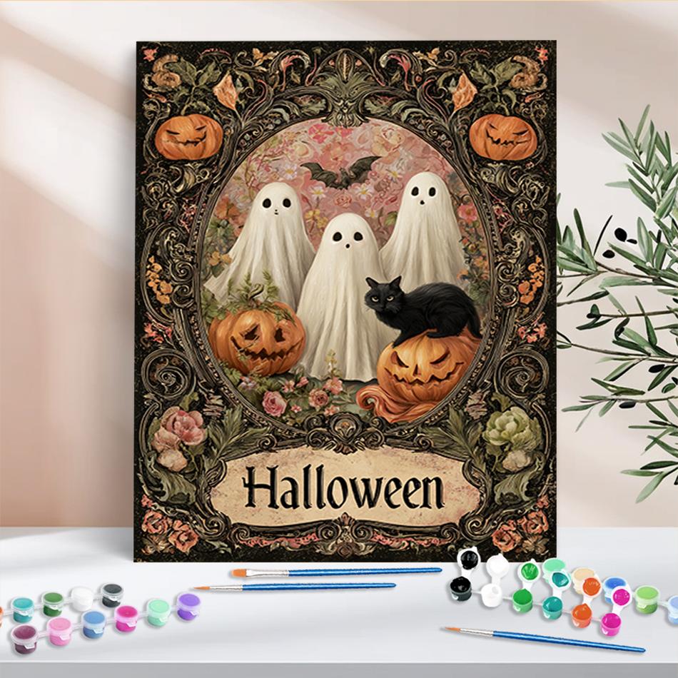 1pc Picture With Numbers Pumpkin Black Cat Ghost Christmas Gifts Diy Numbers Painting Home Furnishing Decoration 40x50cm/16x20inch Without Frame