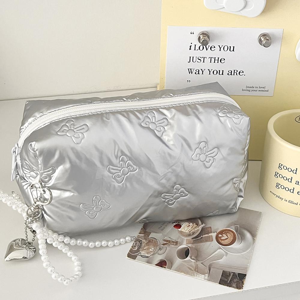 

Luxury Silver Bow Women Pearl Zipper Makeup Bag Portable Coins Lipsticks Cosmetic Storage Pouch Purse Ladies Elegant Square Bag серебряный