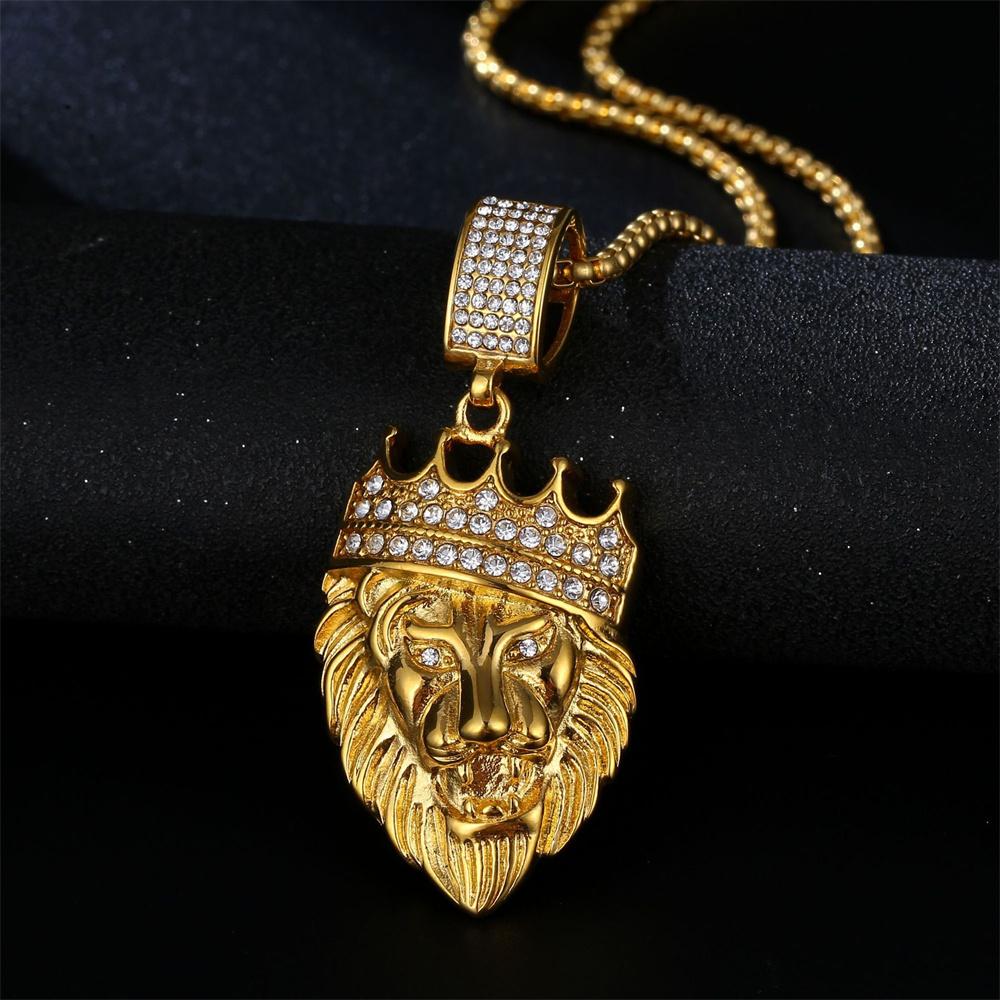 Punk Iced Out Bling Crown King Lion Head Pendant Male Gold Color Stainless Steel Animal Necklace Chain for Men Jewelry Gift 2025
