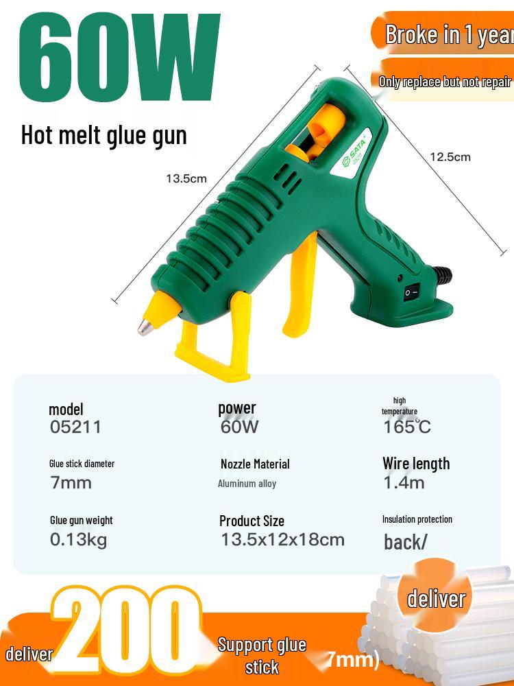 SATA Industrial High-Power Electric Glue Gun, 60-100W for DIY, Compatible with 7-11mm Glue Sticks