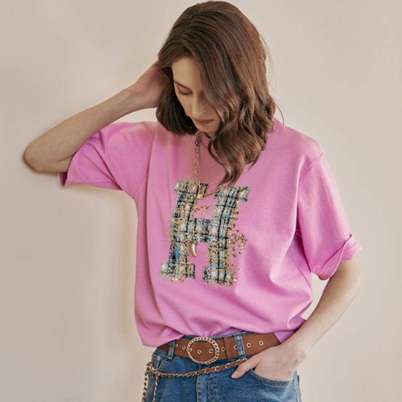 MAXZA Tweed Applique Embroidered Round Neck T shirT ze05qT600na