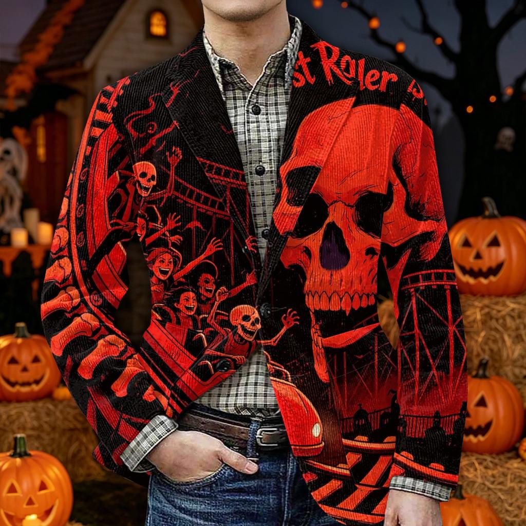 Men's Halloween Print Corduroy Warm Blazer Jacket with Pockets Casual Suit Coat Long Sleeve Button Front Outerwear for Fall