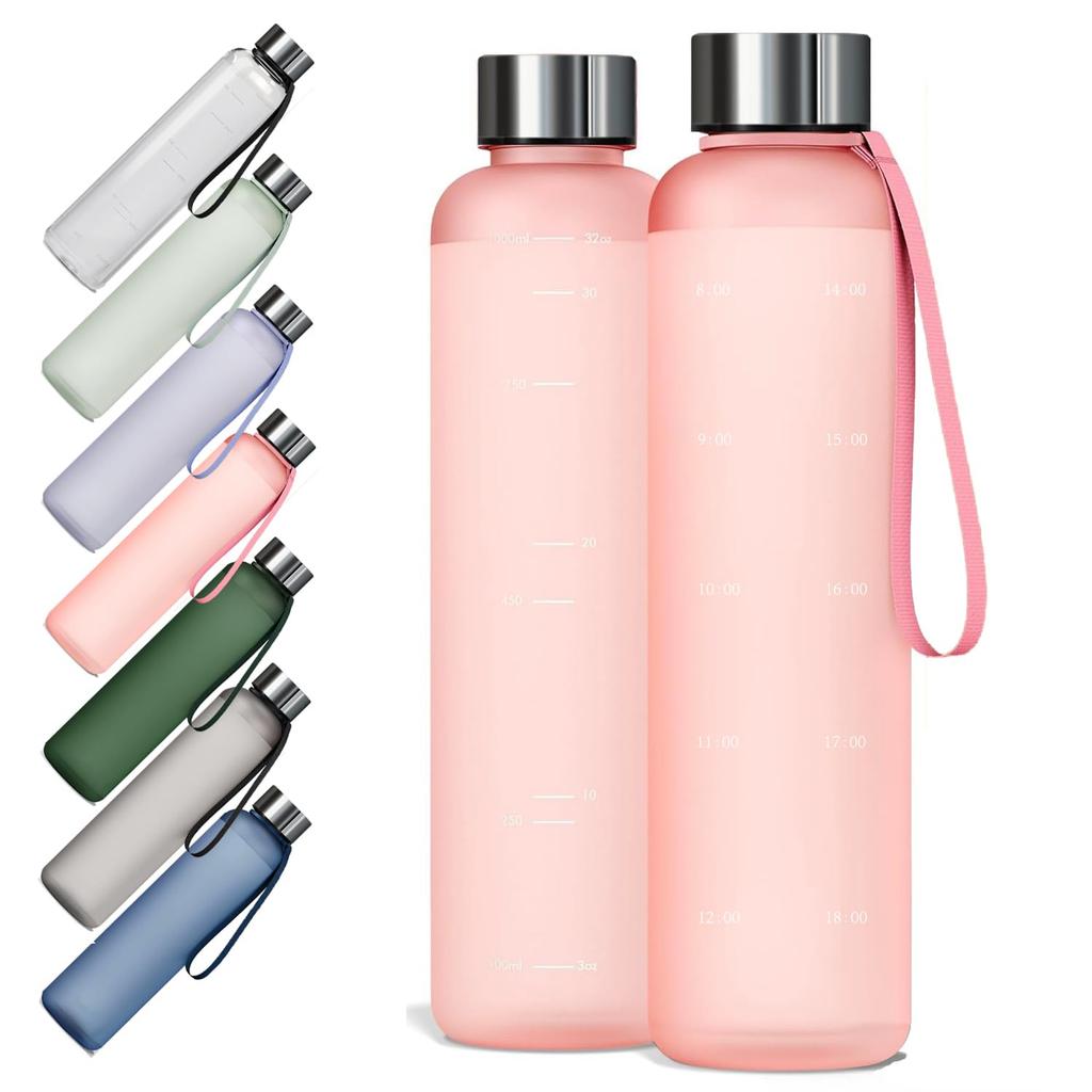KONARO Water Bottle with Time Made of 1 Liter 1000ml with Carrying Matte Pink Marker, Medical-Grade Resin, Capacity, Tritan, BPA-Free, Rope,