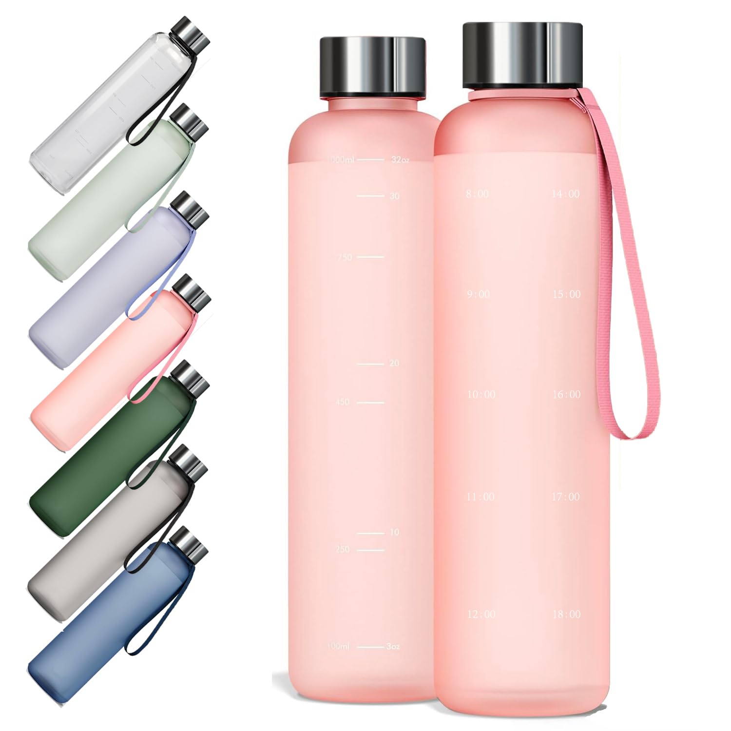

KONARO Water Bottle with Time Made of 1 Liter 1000ml with Carrying Matte Pink Marker, Medical-Grade Resin, Capacity, Tritan, BPA-Free, Rope,